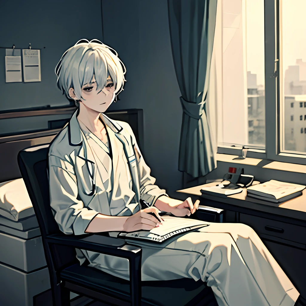 （tmasterpiece，best qualtiy，A detailed：1.1），yisang_limbus，default_Outfit，1boy，solo，In a hospital bed，Medical instruments，Patient gown，（White hair1.1），Holding a diary in his hand，Keep your eyes on the diary