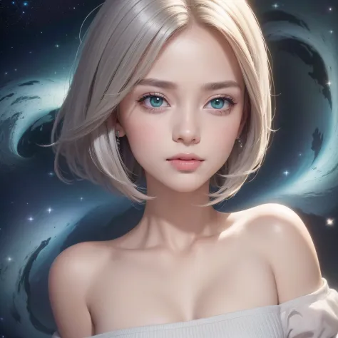 (Best Quality:1.5), (Exquisite CG), (High resolution:1.5)、The face is protruding from the photo、greeneye、Sapphire green eyes、lipgloss、Eye Gloss、Smile with the corners of the mouth raised、Open your mouth a little、round and large eyes、short silver hair、the b...