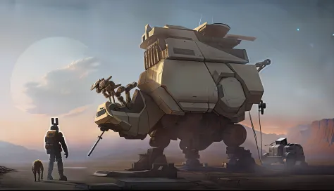 There is a man in the desert standing next to a giant robot, wojtek fus, author：ruanjia, lan mcque, Inspired by Ian Mack, Simon Starlenhaag Highly detailed, author：Ian McQue, author：feng zhu, sergey kolesov concept art, Simon Starlenhaag color scheme, by R...