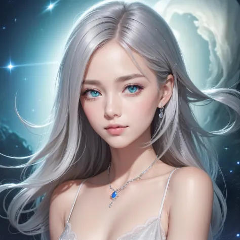(Best Quality:1.5), (Exquisite CG), (High resolution:1.5)、The face is protruding from the photo、greeneye、Sapphire Green Eyes、lipgloss、Eye Gloss、A smile、Open your mouth a little、round and large eyes、Silver hair、the background is the universe
