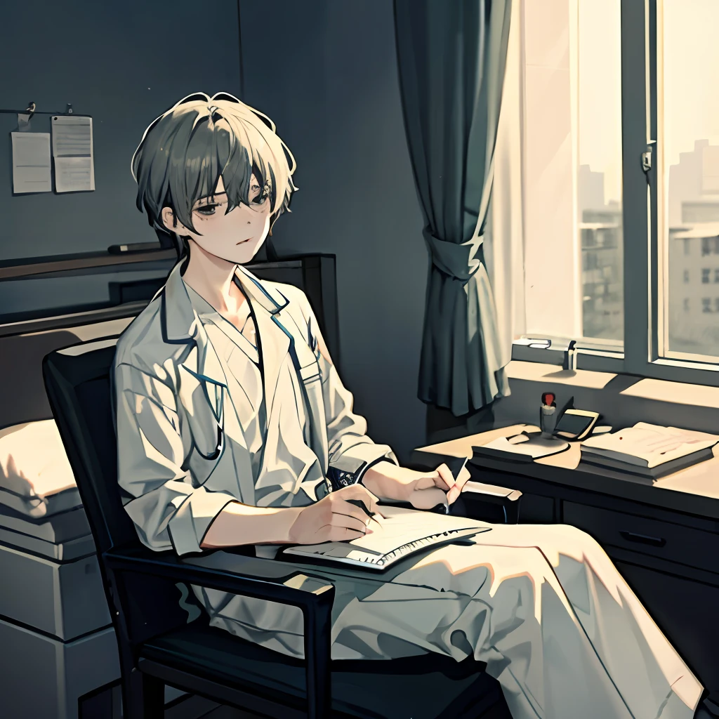 （tmasterpiece，best qualtiy，A detailed：1.1），yisang_limbus，default_Outfit，1boy，solo，In a hospital bed，Medical instruments，Patient gown，（Black hair1.1），Holding a diary in his hand，Stare at the diary