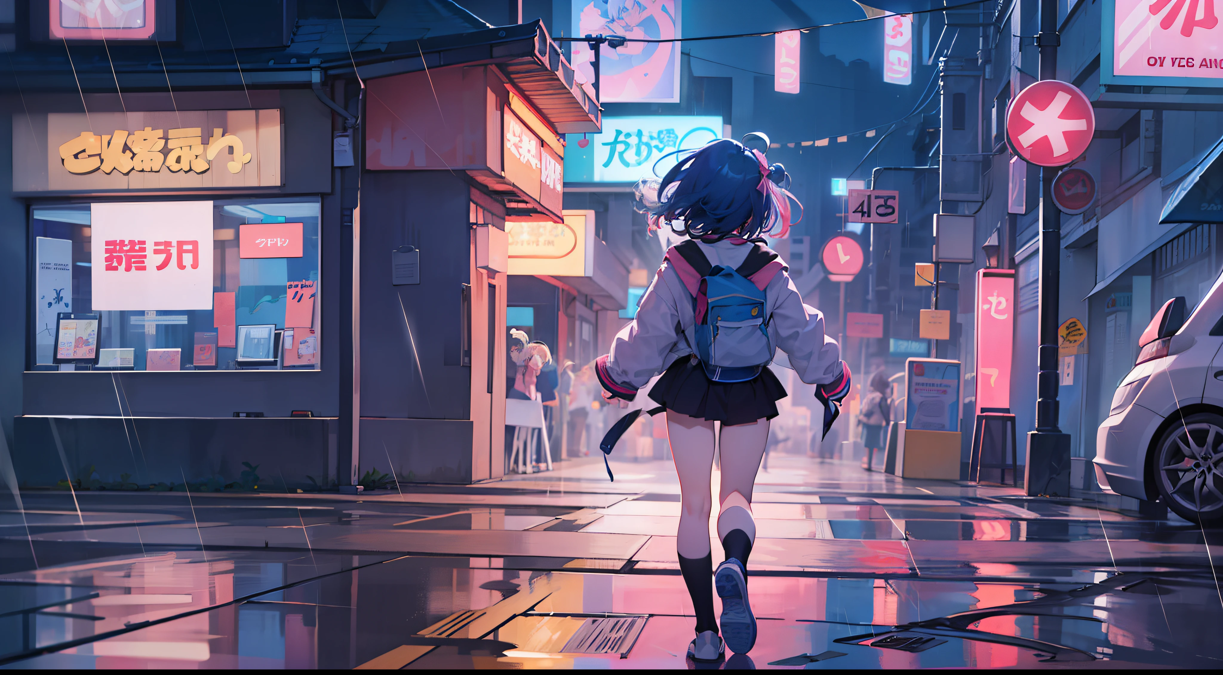 Anime girl walking down street in rain at night,, in the art style of 8 0 s anime, the anime girl is running, ' ramona flowers ', cosmic girl, style of anime4 K, 8 0 s anime art style, Praise Artstyle, official fanart, Anime style illustration