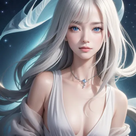 (Best Quality:1.5), (Exquisite CG), (High resolution:1.5)、The face is protruding from the photo、greeneye、lipgloss、Eye Gloss、a smile、Open your mouth a little、round and large eyes、Silver Hair、The photo is、Only very beautiful eyes are taken in close-ups.。His ...