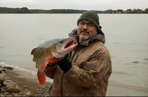 There is a man holding a fish on a beach near the water, holding an fish in his hand, Directed by: Raymond Normand, proudly holding a salmon, um tiro largo e cheio, Directed by: Robert Brackman, com uma boca muito grande, Directed by: Dietmar Damerau, high...