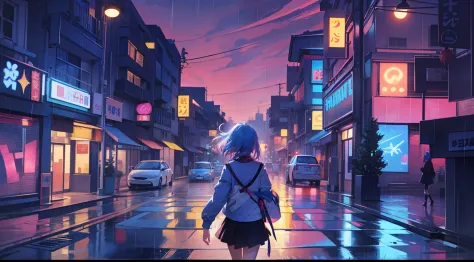 anime girl walking down street in rain at night,, in the art style of 8 0 s anime, the anime girl is running, ' ramona flowers '...