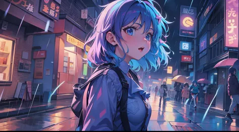 Anime girl walking down street in rain at night,, in the art style of 8 0 s anime, the anime girl is running, ' ramona flowers ', cosmic girl, style of anime4 K, 8 0 s anime art style, Praise Artstyle, official fanart, Anime style illustration
