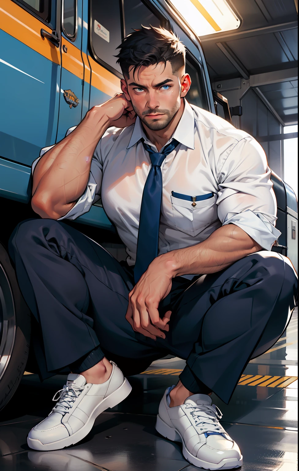 Arafed man in a tie and white sneakers sitting on a car - SeaArt AI