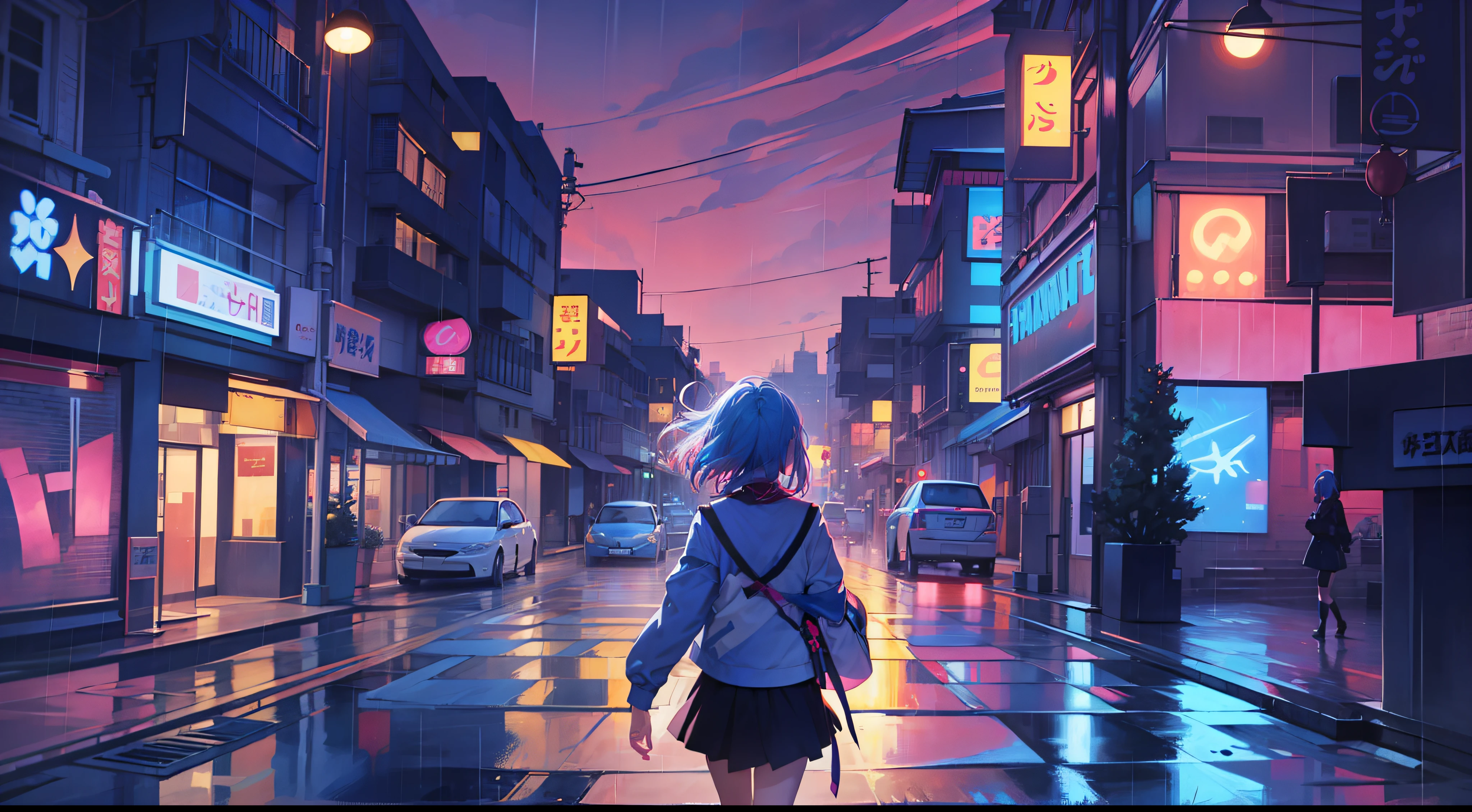 Anime girl walking down street in rain at night,, in the art style of 8 0 s anime, the anime girl is running, ' ramona flowers ', cosmic girl, style of anime4 K, 8 0 s anime art style, Praise Artstyle, official fanart, Anime style illustration