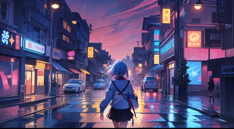 anime girl walking down street in rain at night,, in the art style of 8 0 s anime, the anime girl is running, ' ramona flowers '...