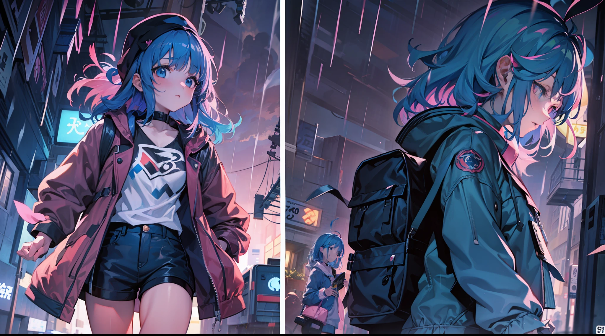 Anime girl walking down street in rain at night,, in the art style of 8 0 s anime, the anime girl is running, ' ramona flowers ', cosmic girl, style of anime4 K, 8 0 s anime art style, Praise Artstyle, official fanart, Anime style illustration