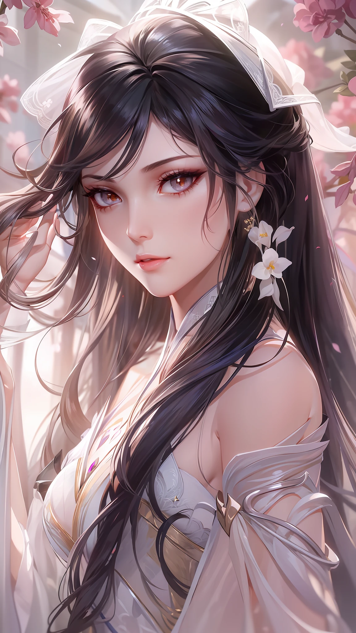 An elegant woman with straight black hair wears a gorgeous long dress with light and elegant movements. (Girl), Lace, Ribbon, Hanfu, (Masterpiece, Side Light, Delicate and Pretty), Masterpiece, Realistic, Glowing Eyes, Sparkling Hair, Shiny Skin, Celime, Bare Shoulder, Delicate, Beautiful, Garden, Flowers, Fluttering Petals, Sideways, Conservatism