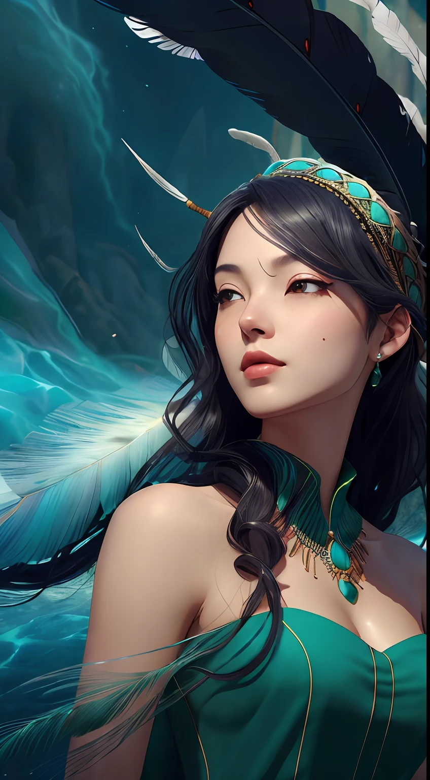 (highest quality, award-winning, masterpiece: 1.5), ultra-high resolution, (a fair-skinned girl: 1.2), long black hair, long hair floating (gorgeous face), calm, green long dress, turquoise, tribal ornaments, (feathers in hair: 0.4), headdress: 0.33, emerald, obsidian, detailed clothes, realistic skin texture, (floating particles, water swirls, embers, rituals, whirlwinds, wind: 1.2), clear focus, volumetric lighting, good highlights, good shadows, subsurface scattering, complex, highly detailed, ((film)), dramatic, (realism: 1.5), background canyon,