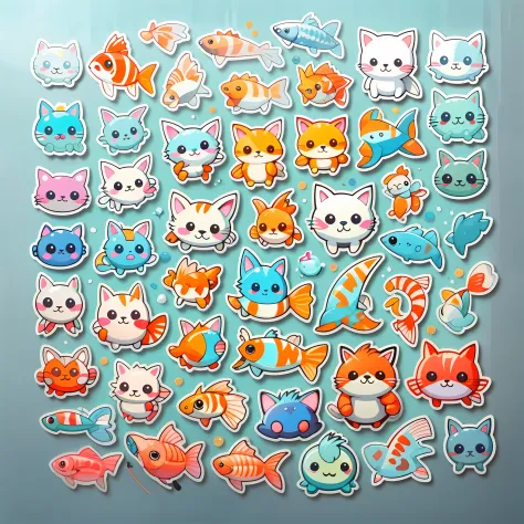 a sticker， stickfigure，Cute cats， The fish，Moe carp，Cute little fish，light blues，solid color backdrop， Character focus low saturation