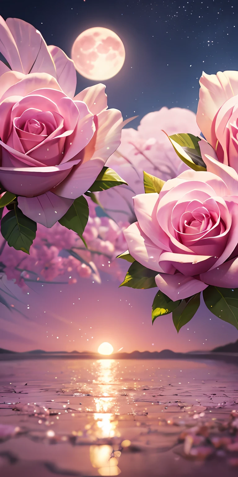 Pink moon, pink sky, pastel pink clouds, pink waves sparkling, sparkling, pink roses on pink ocean, fantasy, soft lighting, ultra hd, realism, cinematic effects, lens flare, aperture 16