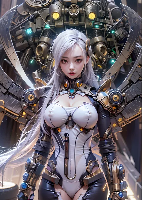 top-quality、​masterpiece、超A high resolution、(Photorealsitic:1.4)、Raw photo、Steampunk Battle Cyborg Angel、large wings made of metal、White porcelain body、Acrylic Clear Cover、white  hair、glowy skin、1 Cyborg Girl、((super realistic details))、portlate、globalillu...