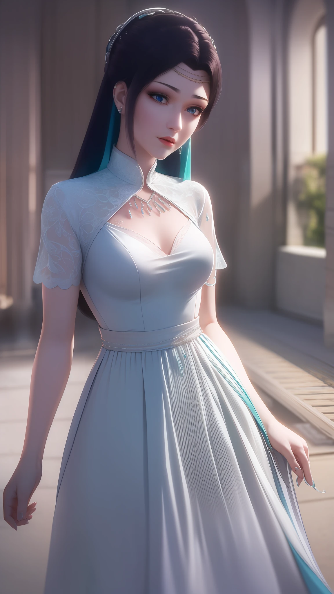 obra maestra，La mejor calidad de imagen，Fondo de pantalla Ultra HD 8k，Los detalles son perfectos，Exquisita y hermosa，Mujer soltera elegante，ojos cian，vestido blanco puro，gentil y gentil，Luz y sombra entrelazadas，Vestido de manga corta，falda de encaje，Mantenimiento de Seguridad