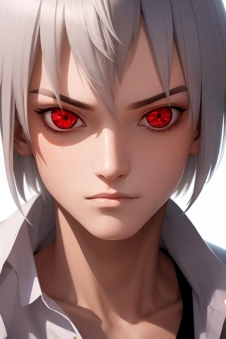 Boy with white hair and red eyes looking at the camera, olhos vermelhos brilhantes, casaco grande, destroyed world