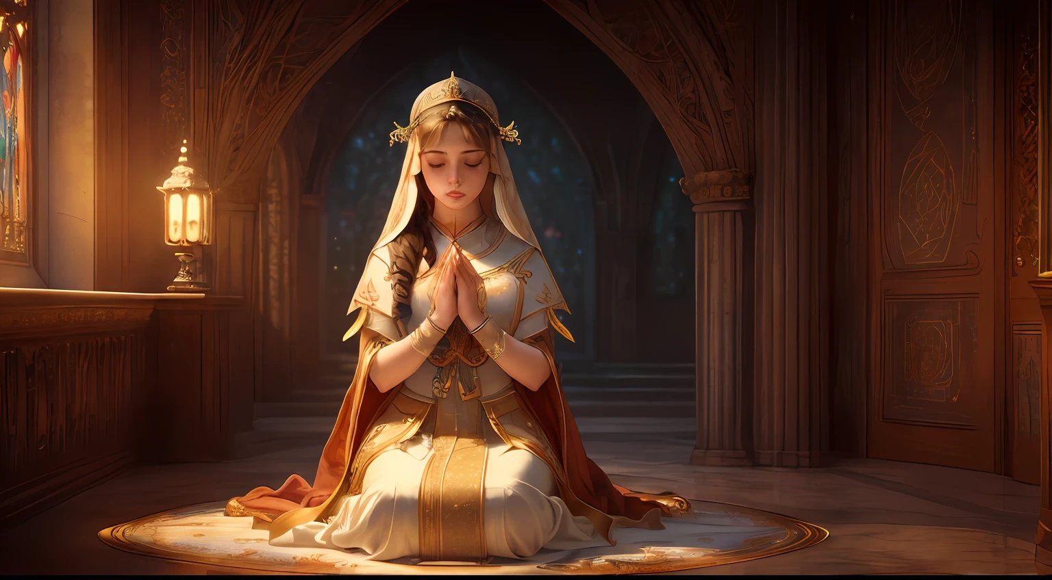 award-winning photo of a woman, octane render, hdr, (hyperdetailed: 1.15), (soft, sharp light: 1.2), 1girl, priestess, eyes closed, from ((hand together in gratitude position)), mature, beautiful body, eyes closed, long knee hair ((priestess))), ((masterpiece, top quality, best quality, official art, beautiful and aesthetic: 1.2), extremely detailed, colorful, more detailed ((ultra-detailed)), (highly detailed CG illustration),  ((extremely delicate and beautiful)), cinematic light, garden, prayer, head down