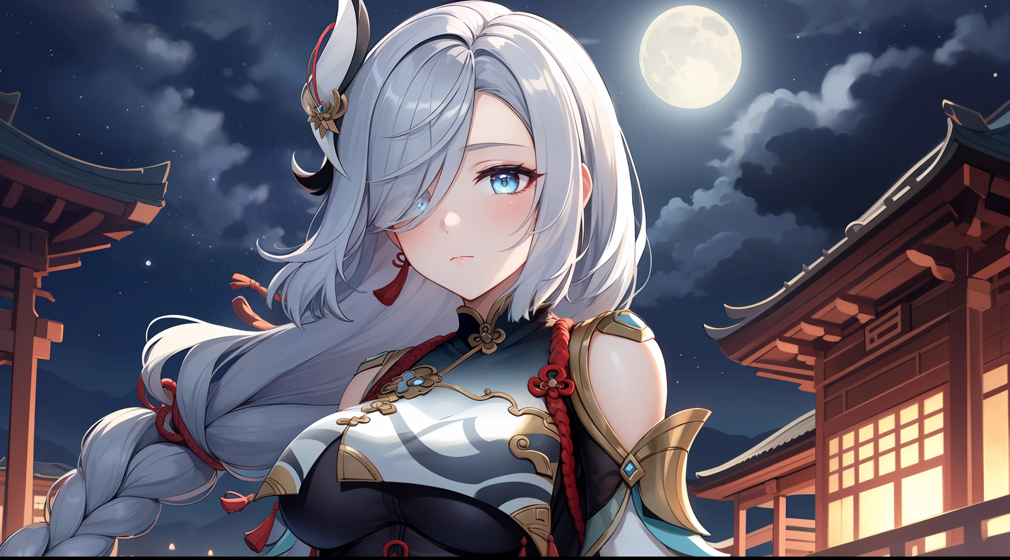 shenhedef, upper body, no expression, blush, outdoors, night moon, liyue house background, night starry sky, short hair, sky, temple, looking at viewer, mountain, moody lighting, (perfect detail eyes:1.2), glowing eyes