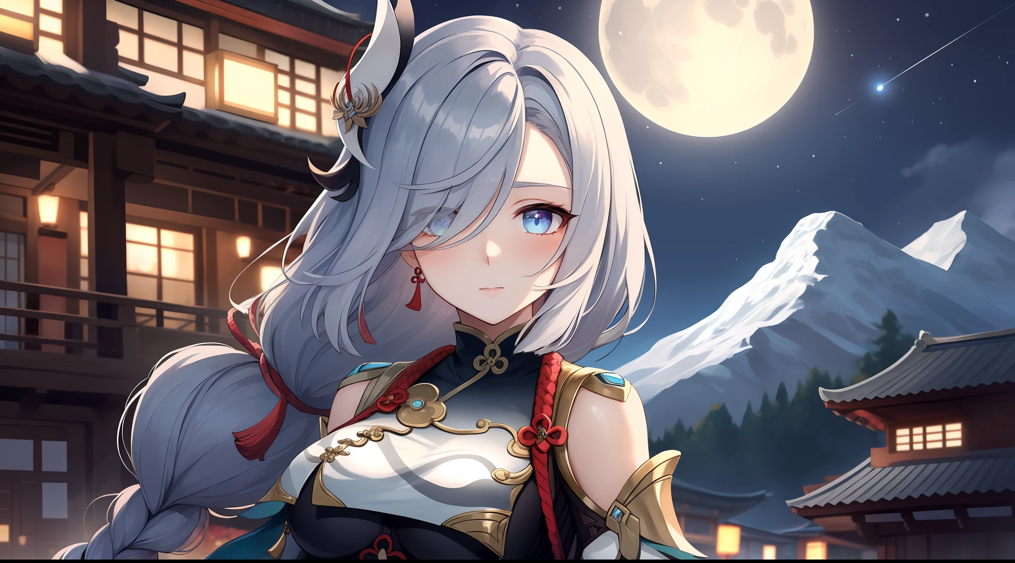 shenhedef, upper body, no expression, blush, outdoors, night moon, liyue house background, night starry sky, short hair, sky, temple, looking at viewer, mountain, moody lighting, (perfect detail eyes:1.2), glowing eyes