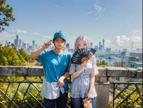 They were posing for pictures，The background is fans and the city, with the city as the background,