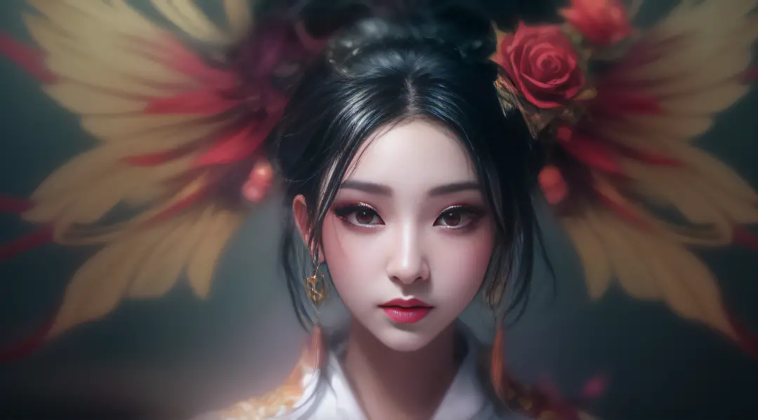 30 age old，（tmasterpiece，best qualtiy，realisticlying：1.37），（Complex and sophisticated，Highly detailed skin and face），Dark roses adorn her fabric，（head gear，rosette，red colour，deep colour），Red eyes，cinematic pastel lighting，8k wallpaper，Solidarity，art  stat...