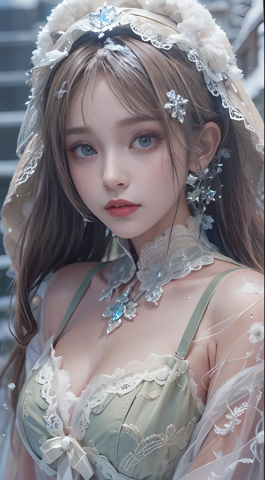（8K， RAW photos， best qualtiy， tmasterpiece：1.2），（realisticlying， photograph realistic：1.4)，Hide your face with sadness，
Lolita costume，Lace， Aerith Gainsborough， The upper part of the body， undergarments，exposed bare shoulders， do lado de fora， (outside，Covered with snow，cloaks，) high high quality， Adobe Lightroom， highdetailskin， looking at viewert，
