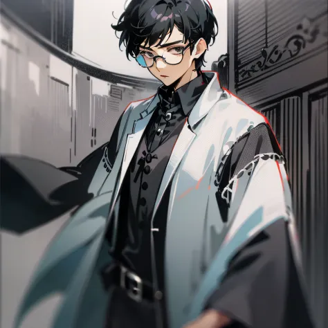 A man with short black hair。He has dark eyes，Wearing a black cloak，There is a white buttoned shirt underneath。He wears black-framed glasses。Ruddy cheeks