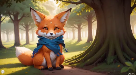 Create an image for a children's book for 5-year-olds. (((obra-prima))), melhor qualidade, an orange open-eyed fox fillet with a large blue scarf around its neck. Floresta fofa e com arvores altas. In children's animation format. The fox is sitting, feliz ...