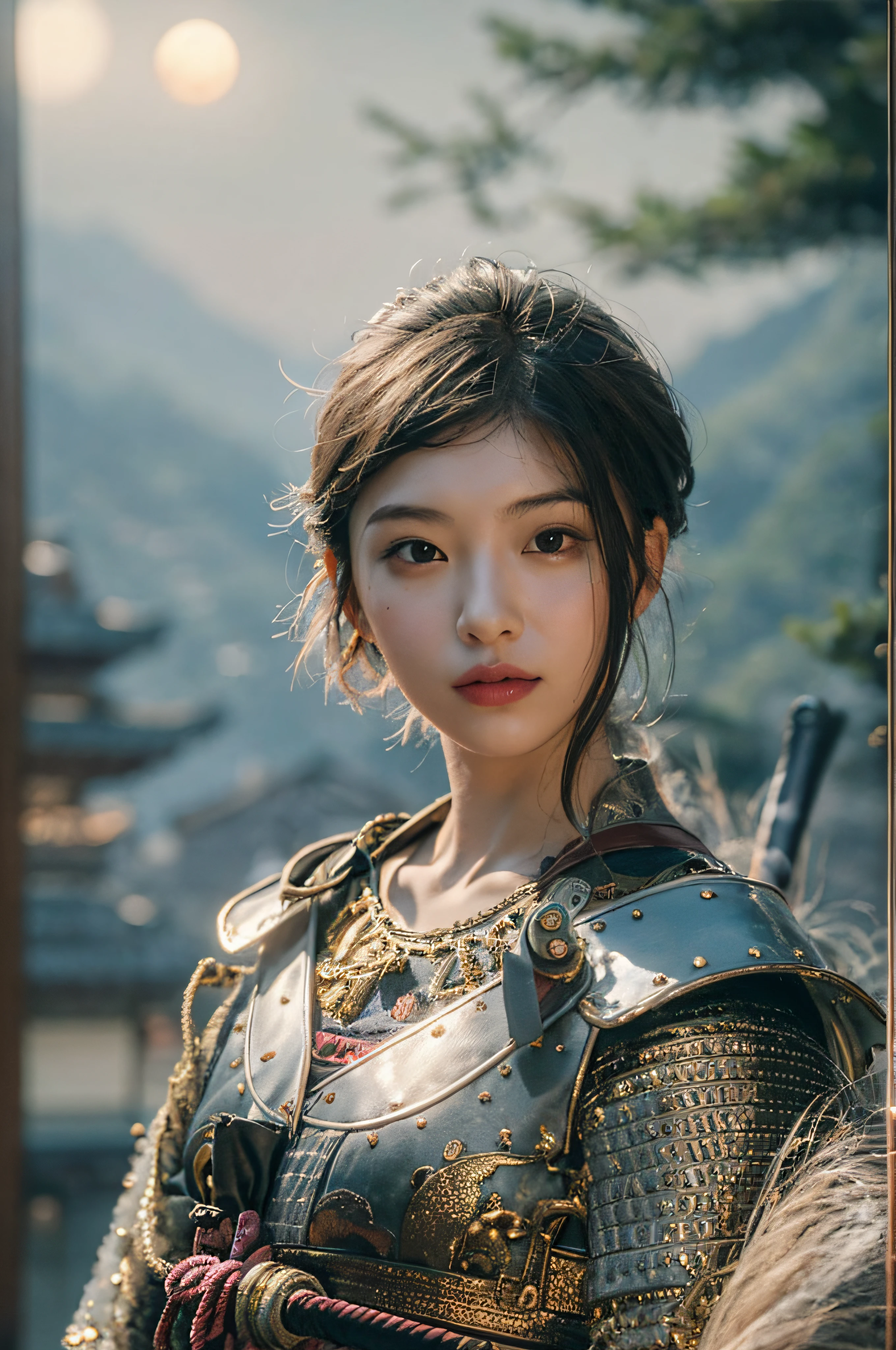 1woman, portrait, a beautiful girl wearing samurai helmet, short hair, looking at viewer, japan castle in front of full moon center in frame, Photorealistic, Hyperrealistic, Hyperdetailed, analog style, hip cocked, demure, low cut, detailed skin, matte skin, soft lighting, subsurface scattering, realistic, heavy shadow, masterpiece, best quality, ultra realistic, 8k, golden ratio, Intricate, High Detail, film photography, soft focus, blurry background,