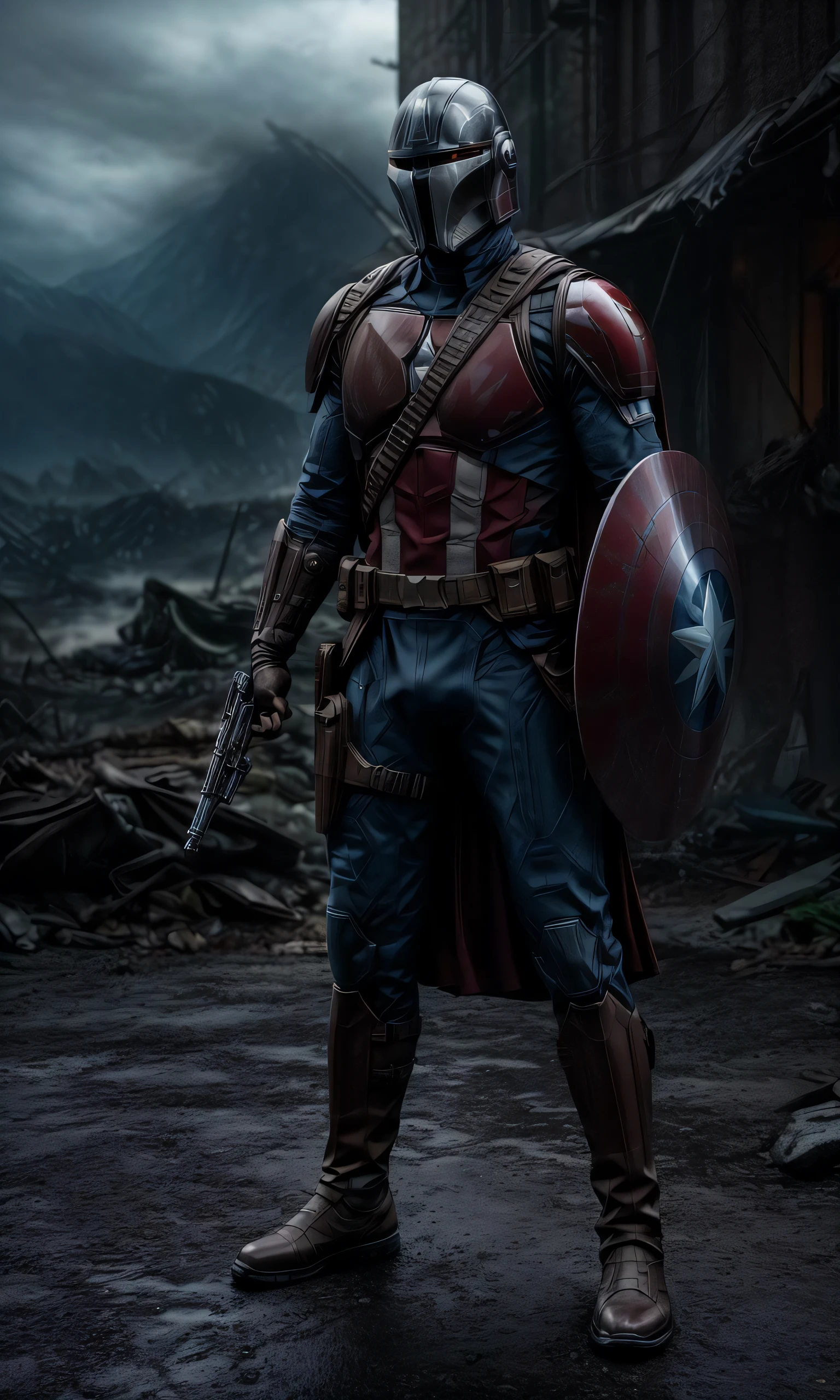 Illustration du corps entier extrêmement détaillée et ultra réaliste de Captain America en tant que Mandalorien, son casque conservant le design ailé A de son masque classique, s’harmonise parfaitement avec le casque traditionnel Mandalorian T - à visière. Le reflet du casque capture l’intensité de la scène de bataille qui l’entoure. Il tient son bouclier emblématique, qui présente maintenant un mélange d’esthétique de vibranium et d’acier beskar, reflétant le monde qui l’entoure dans sa surface polie. Sa posture est vigilante et prête au combat. La toile de fond est un, Champ de bataille rempli de fumée sous un ciel couvert, comme s’il était rendu par Unreal Engine 5, donnant un sentiment tangible de danger imminent et d’enjeux élevés. Cette pièce porte une influence d’anime car elle s’inspire du modèle Niji, Ajout d’un côté stylisé à l’hyper-réalisme. Orientation portrait avec un rapport de 9: 16 complète la composition épique, PAUSE PAUSE PAUSE