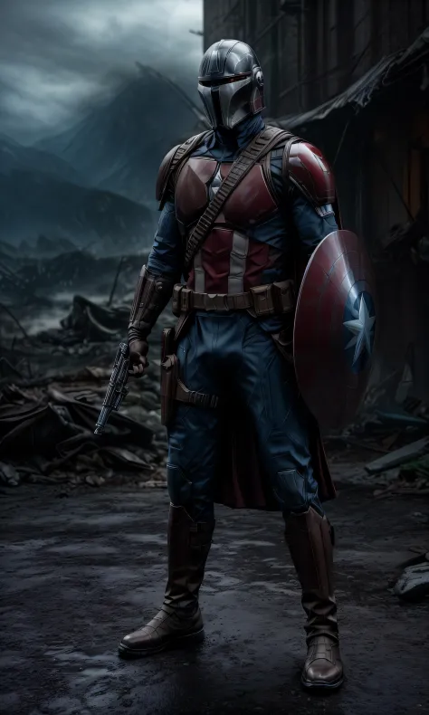 Extremely detailed and ultra - realistic full body illustration of Captain America as a Mandalorian, his helmet retaining the trademark winged A design of his classic mask, blended seamlessly with the traditional Mandalorian T - visored helmet. The helmet'...