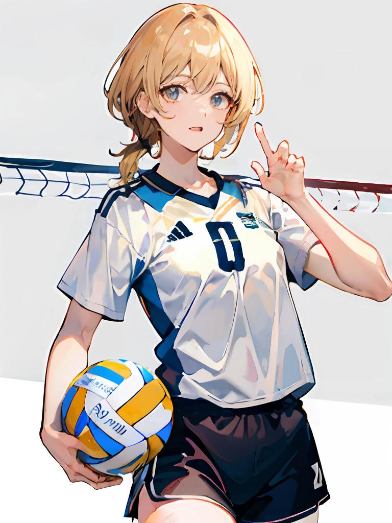 Nishidani，One guy,  Best picture quality, ((Young)),Excellent high resolution ,Coffee-colored hair(coiffed blonde hair) Coffee-colored eyes，Shirt collar orange tracksuit_Short sleeves in white_Short model，Feather footprints on the chest，White volleyball，Bicolor on hair_Blonde single hair， (Volleyball Uniforms)  (volleyball field)，Fish leaping pose，Hand forward，Volleyball is about to land