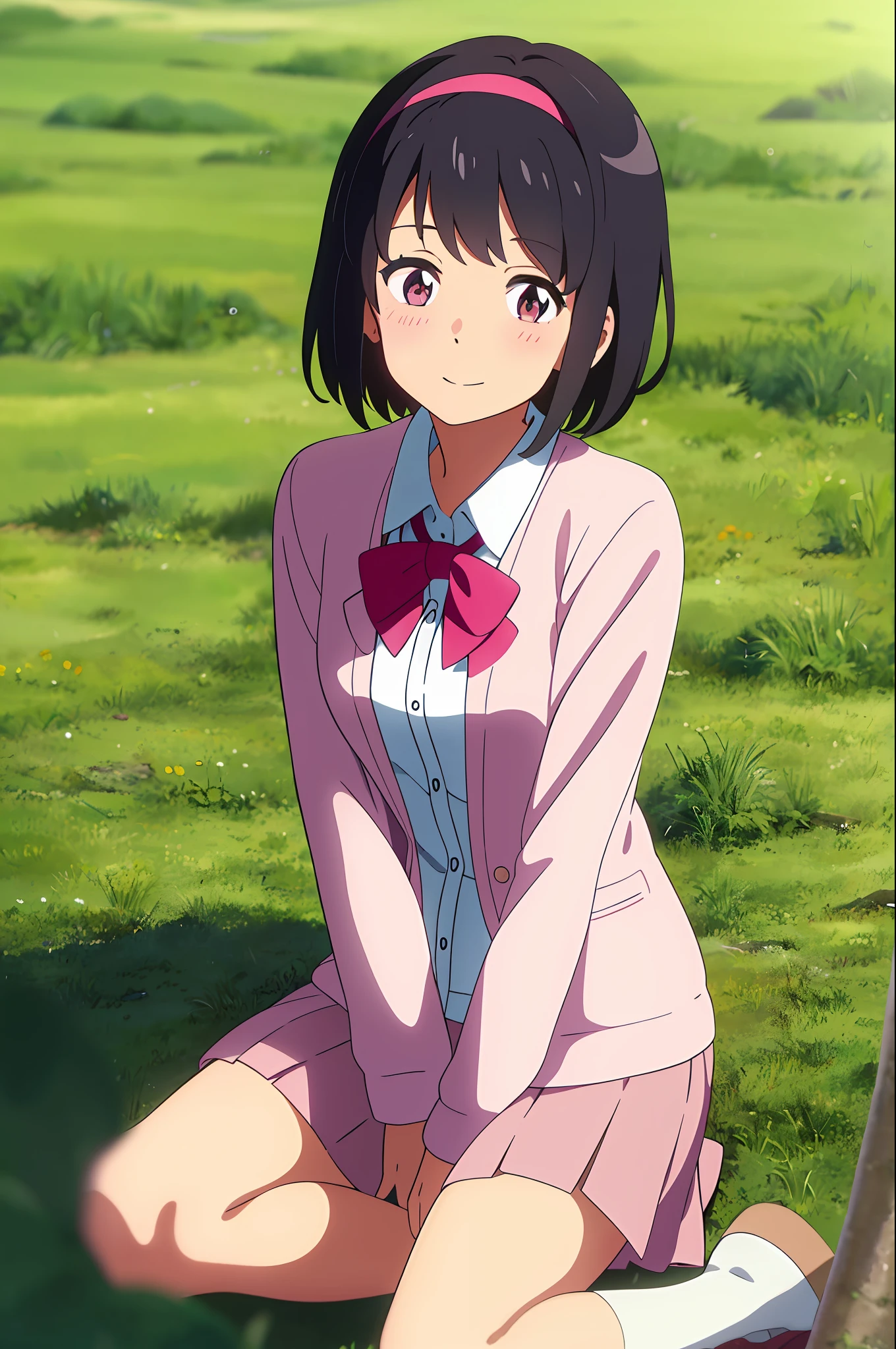 (masterpiece:1.6, best quality), (finely detailed beautiful eyes: 1.2), colorful, shinkai makoto, kimi no na wa., 1girl, bangs, black hair, blush, brown eyes, looking at the viewer, red headband, red ribbon, short hair, full body, smile, cute, solo focus, shirt, long sleeves, smile, happy, open mouth, white shirt, jacket, cardigan, skirt, blush, collared shirt, letterboxed, pink jacket, pink cardigan, dress shirt, open clothes, anime coloring, brown footwear, arms up, lying, lying on grass, grass