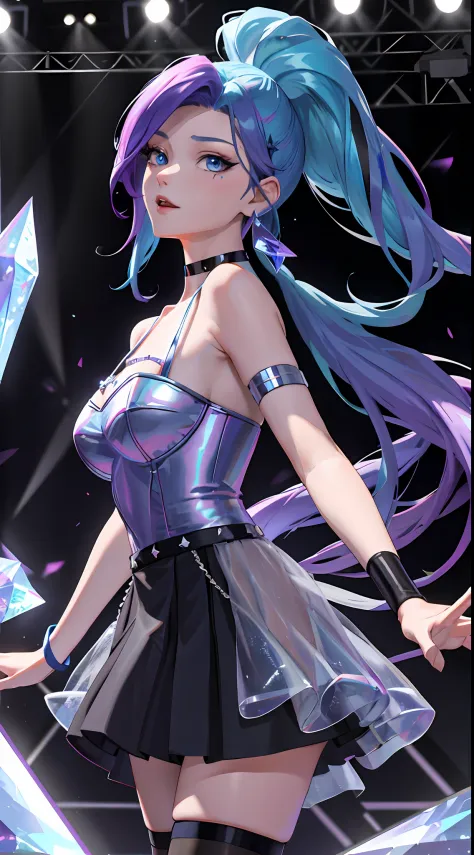masterpiece, best quality, highres, seraphine1, 1girl, solo, blue hair, k/da \(league of legends\), very long hair, multicolored...