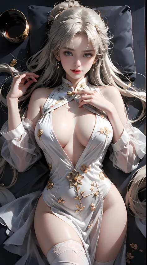((SuperiorQuality, 8K, tmasterpiece: 1.5)), Pubic area is clear: 1.2, Perfect body beauty: 1.4, Large of breast，Light gray hair, White transparent cheongsam，wetted skin, The chest is light and bare，the areola is visible, Clear liquid splashed on the body, ...