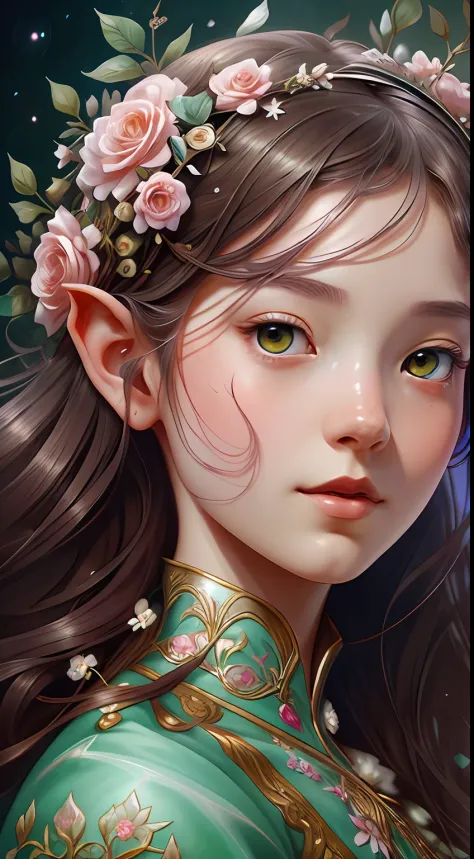 There is a digital painting，A girl with flowers in her hair, Deviantart ArtStation CGSCOSIETY, digital fantasy art ), Fantasy ar...