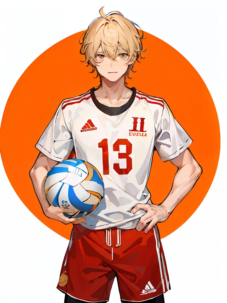 Nishidani，One guy, Libido boy，Best image quality, ((Young)),Excellent high resolution ,Coffee-colored hair，The ends of his hair ruffled his blonde，short detailed hair，Coffee-colored eyes，Shirt collar_Orange tracksuit_Short model，Feather footprints on the chest，White volleyball， (Volleyball Uniforms)  (volleyball field)，Fish jumping pose，Hand forward，Volleyball is about to land