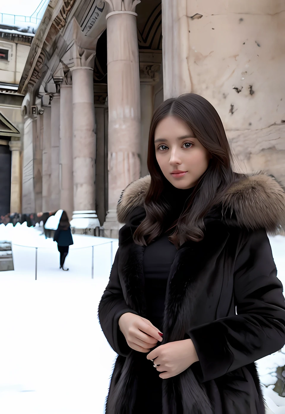 (Concentration positive, Photo originale), (2 filles,duo,nombril,Entrez au Panthéon de Rome,foule,hiver,neige),Portraits féminins surréalistes de David Hockney et Alphonse Mucha, art fantastique,Portez de magnifiques fourrures, (pupilles brillantes: 1.4, gros yeux: 1.1), fidélité des photos, Éclairage dynamique, Station artistique, affiche pour, éclairage volumétrique, visage très détaillé, 4k, primé, ombres, discret, (tenue officielle: 1.4, magnifique fourrure, vêtements complexes, Fourrures), en regardant la caméra, Coup de buste, (visage réaliste)),