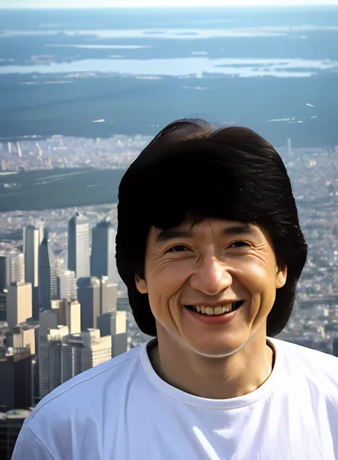 jackie chan，jacky chen，grinning smile，toothy
in this close-up depiction，stand above the vast cityscape，it attracts attention and...