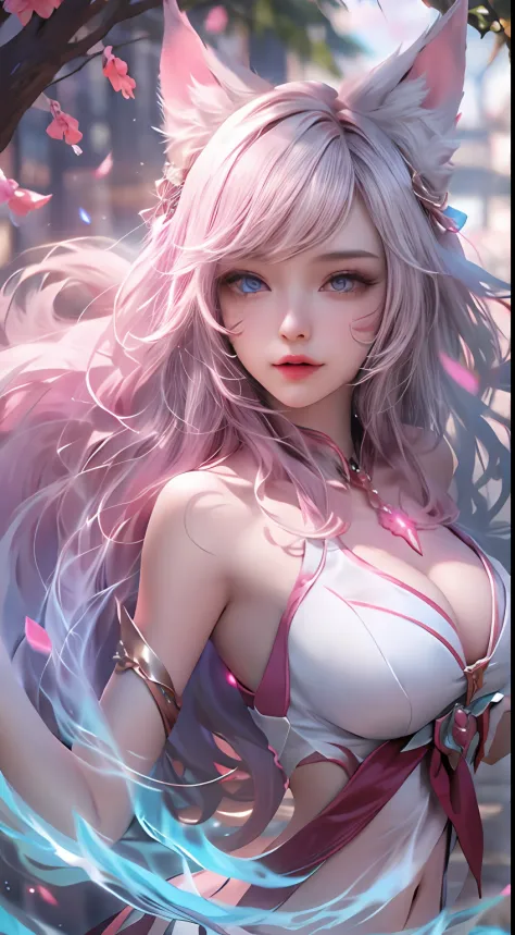 ahri，league of legend，Vastaya，kyuubi，Fox ears white hair girl，Nine-tails exposed，Raised sexy，Charming，Seductive eyes，(full bodyesbian，floating in air，Raise the large magic energy ball with both hands)，Exude power，Long flowing and fluffy hair，aura of power，...