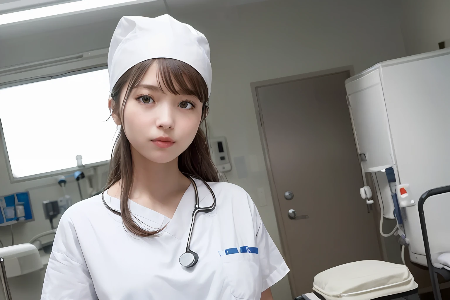 (RAW photo, best quality), (realistic, photo-realistic:1.3), wide angle photo, masterpiece, 1girl, cute, young, (upper body:1.3), realistic face, standing, diffuse light and create a soft, even glow
in hospital ((operating room)), surgical gloves, medical equipment, anesthesia machine
((((White)))) nurse uniform smooth, nurse, nurse hat, stethoscope ,