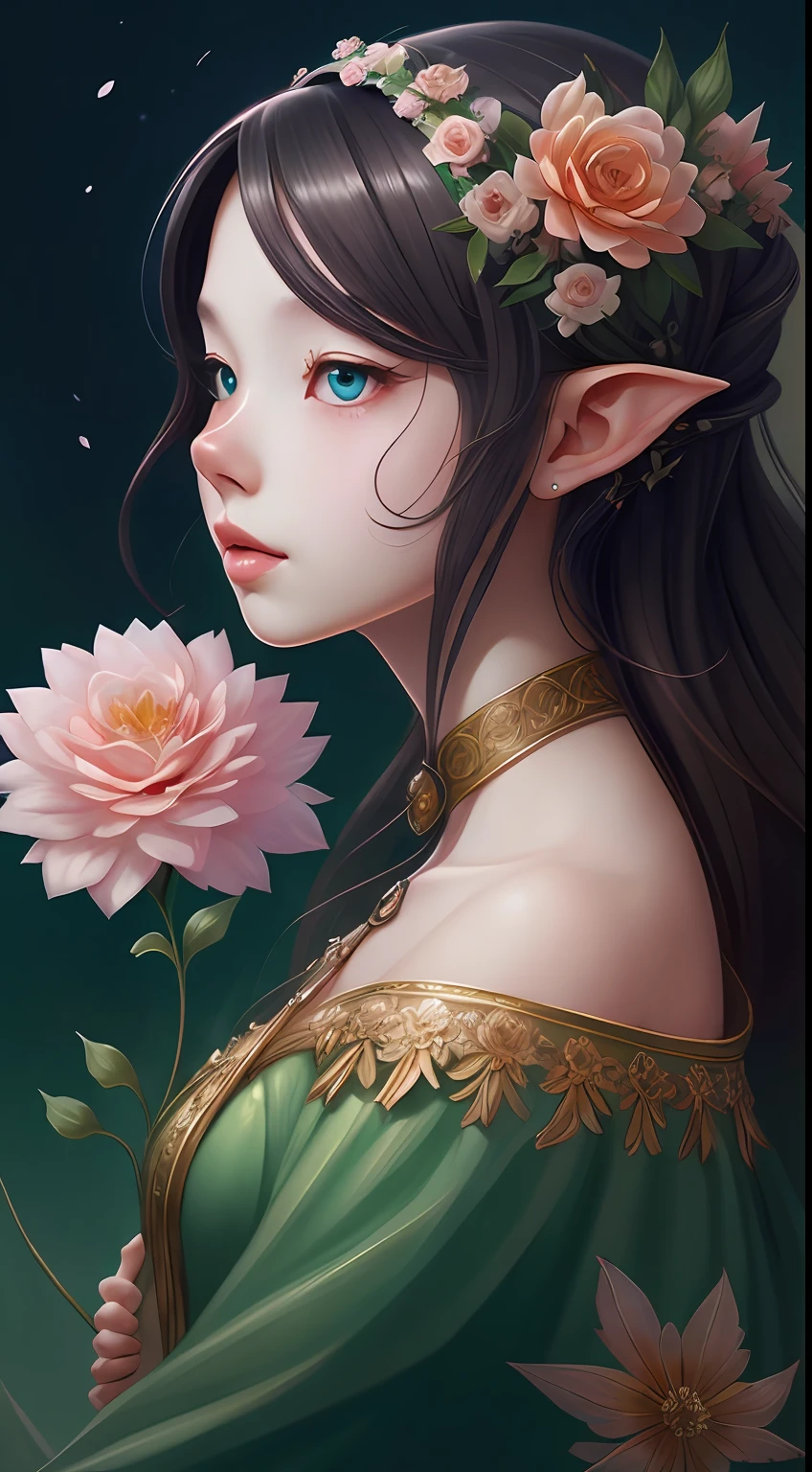 There is a digital painting，A girl with flowers in her hair, Deviantart ArtStation CGSCOSIETY, digital fantasy art ), Fantasy art Behance, hyperrealistic fantasy art, Beautiful digital artwork, Elf Girl, Realistic fantasy illustration, detailed fantasy digital art, flod, digital fantasy art, Beautiful digital illustration, Realistic fantasy artwork, stunning digital illustration