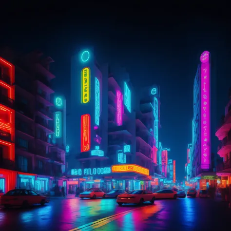 Street with vibrant, eye-catching neon signs, con edificios y rascacielos futuristas