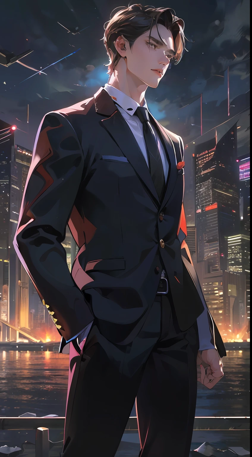 Anime guy in a suit standing in front of a city at night - SeaArt AI