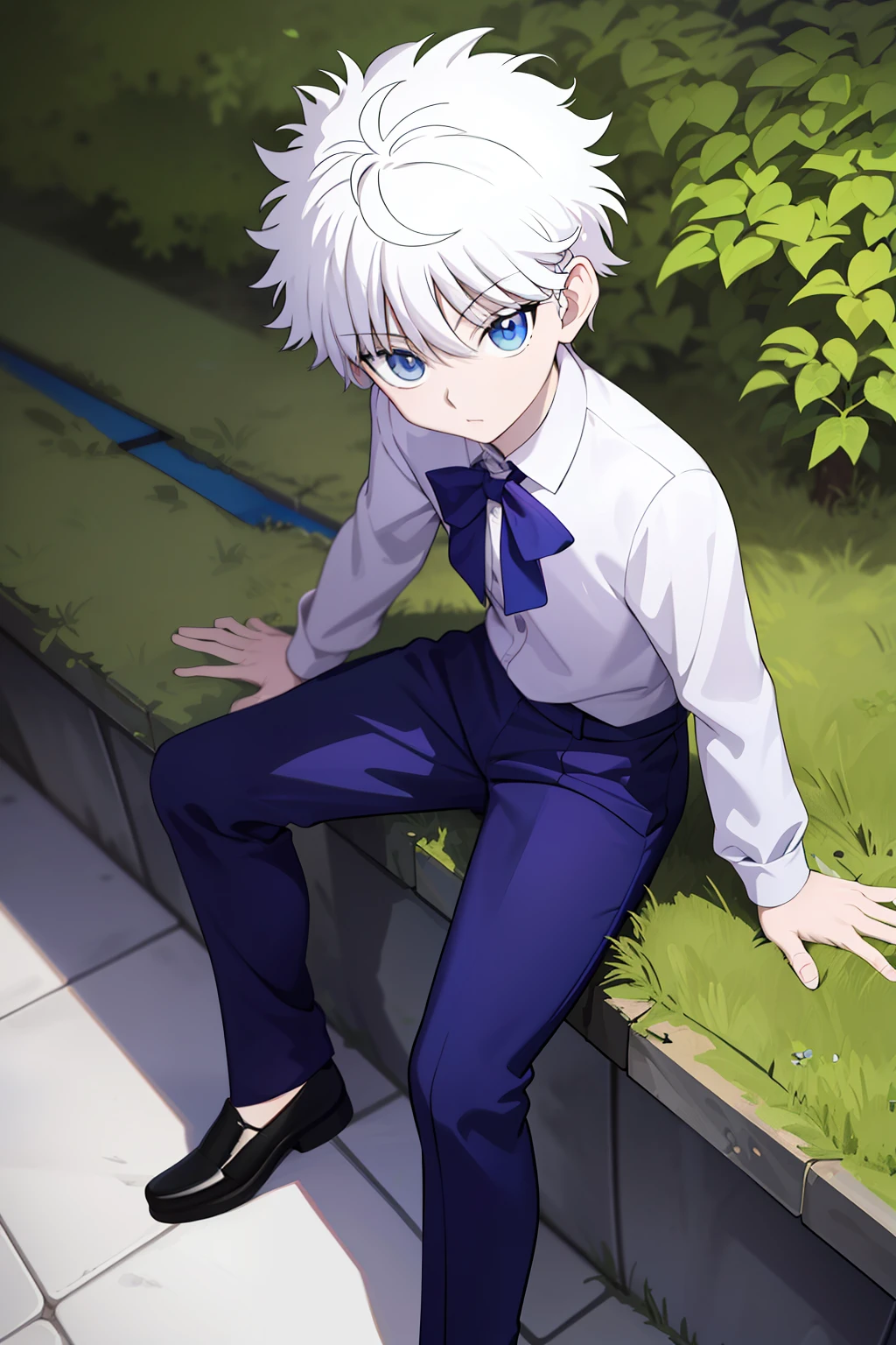 killua_zoldyck,
Quality: highres, top quality, stunning art, detailed
Character details: 1boy, male focus, solo, wide-eyed, constricted pupils
Clothing 2: white shirt, collared shirt, blue pants
Situation: standing
Location: outdoors, plant, street,head tilt, from above, sitting, sitting on bench, looking at viewer,