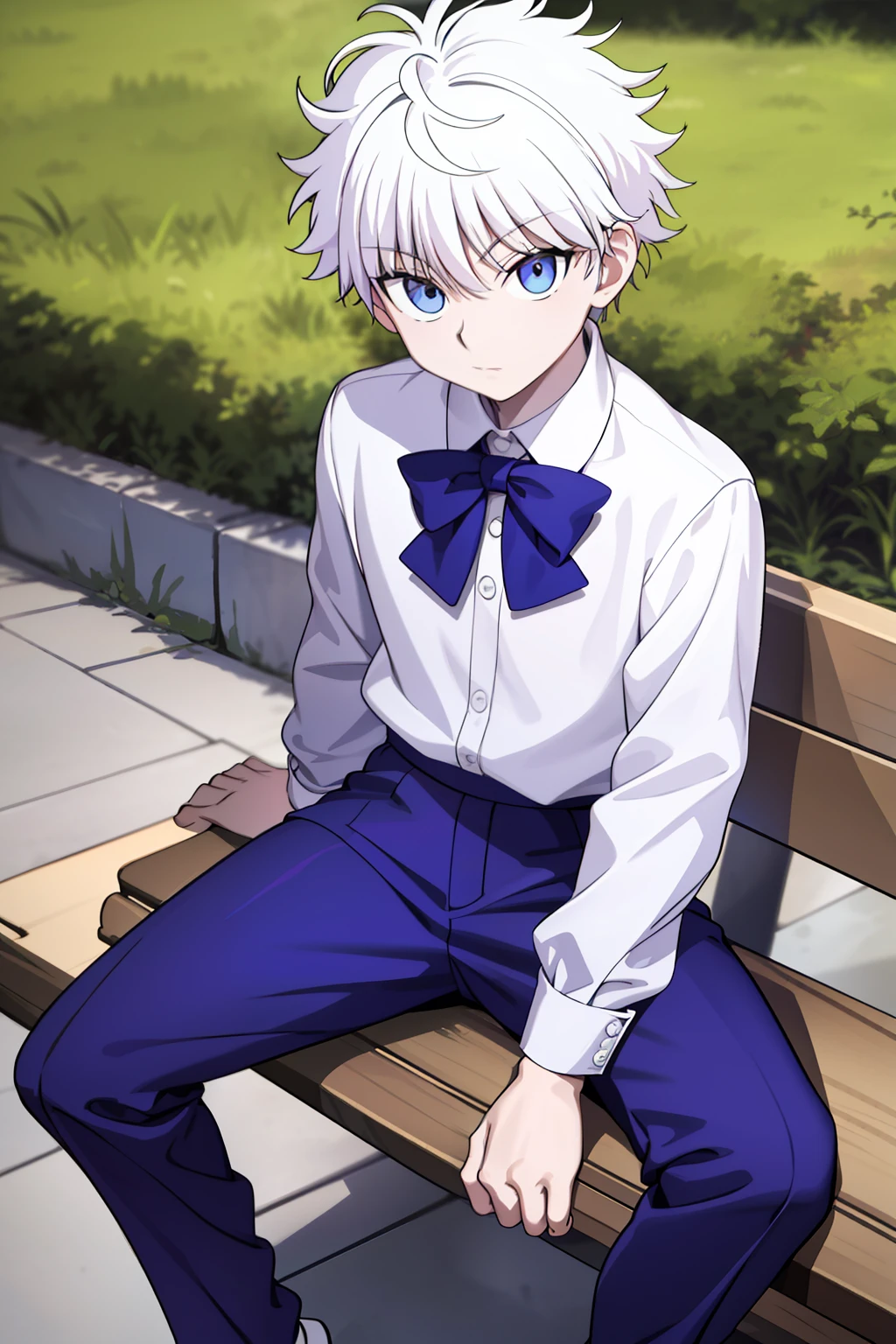 killua_zoldyck,
Quality: highres, top quality, stunning art, detailed
Character details: 1boy, male focus, solo, wide-eyed, constricted pupils
Clothing 2: white shirt, collared shirt, blue pants
Situation: standing
Location: outdoors, plant, street,head tilt, from above, sitting, sitting on bench, looking at viewer,