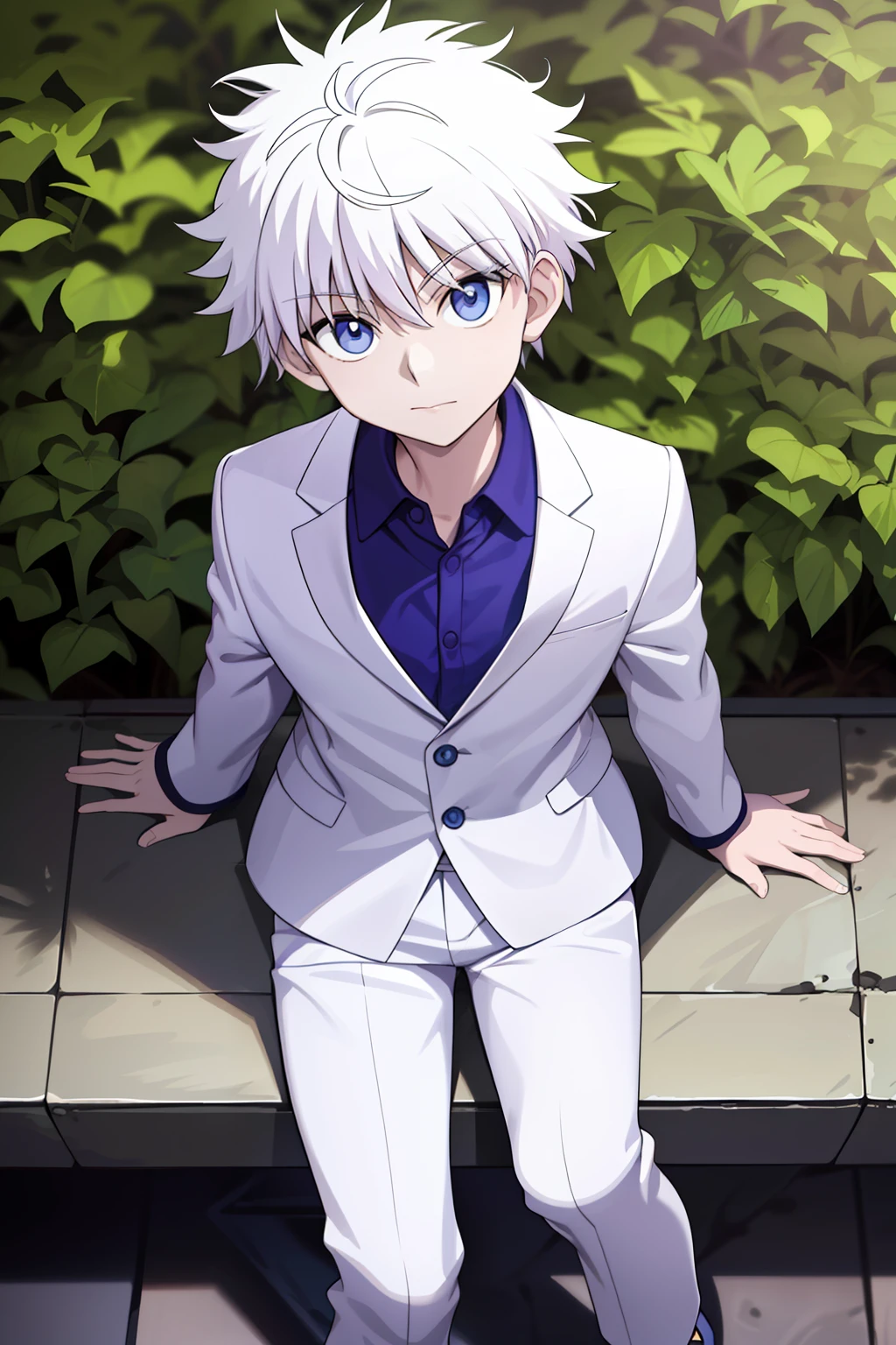 killua_zoldyck,
Quality: highres, top quality, stunning art, detailed
Character details: 1boy, male focus, solo, wide-eyed, constricted pupils
Clothing 2: white shirt, collared shirt, blue pants
Situation: standing
Location: outdoors, plant, street,head tilt, from above, sitting, sitting on bench, looking at viewer,