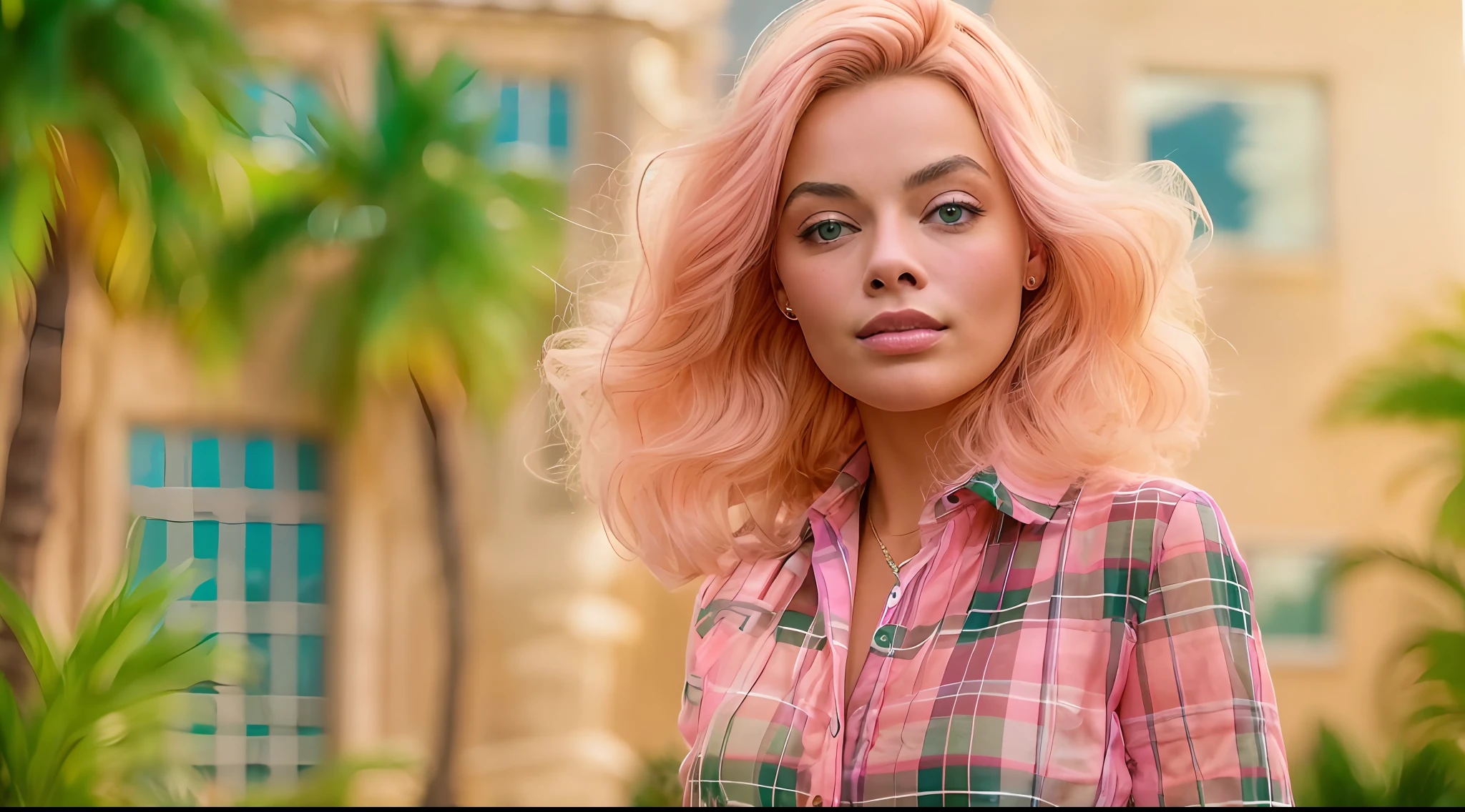 Barbie, Margot Robbie, tout le corps, avec Pink Mansion en arrière-plan, palmiers en arrière-plan, photo ultra réaliste, Très haute résolution, visage haute définition, 2 fille, vêtements à carreaux à la mode, 80's style , photographie de portrait argentique, Plage de Miami, texture de peau réaliste (Peau très détaillée:1.2), Lumière douce