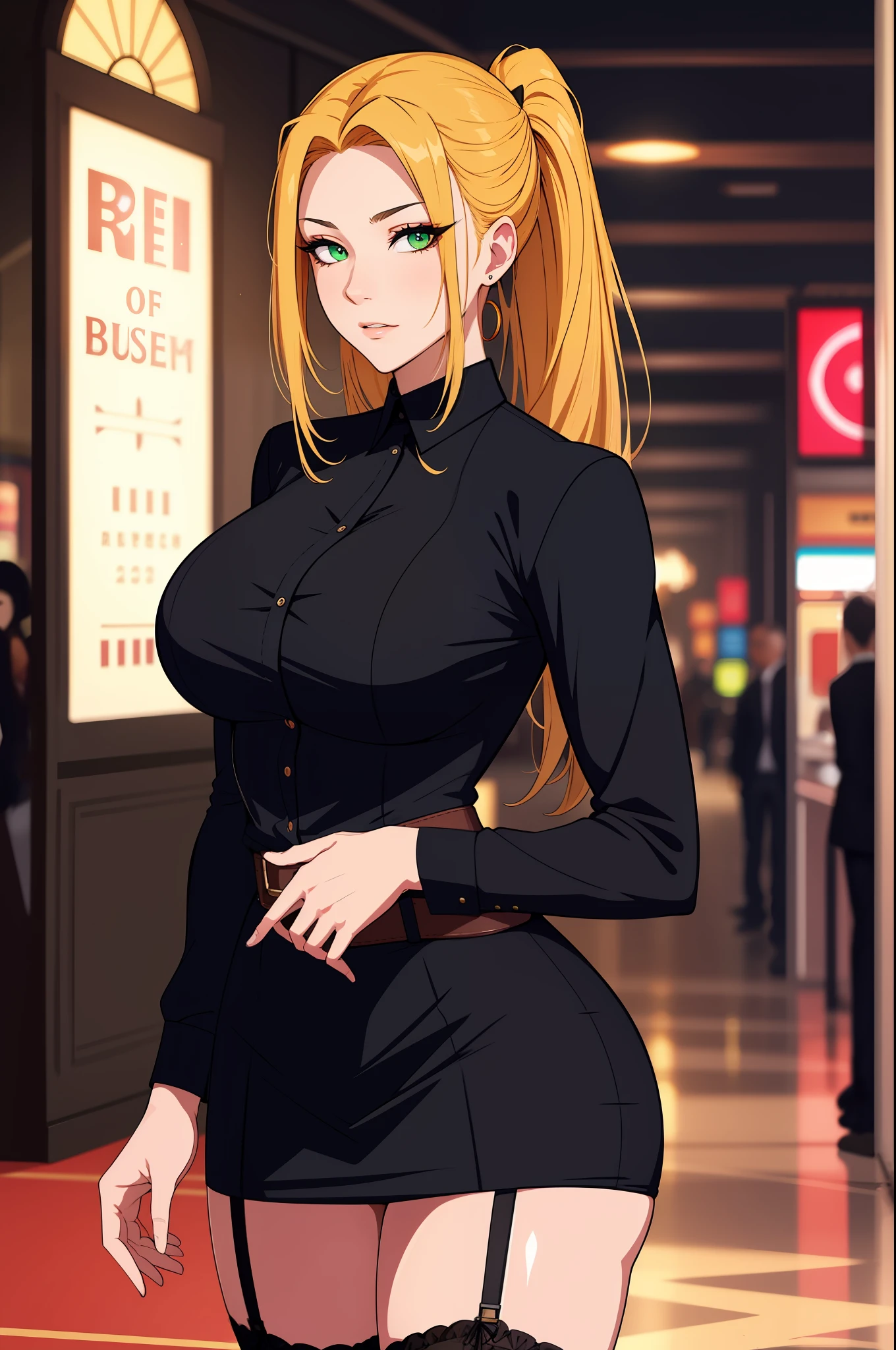 （tmasterpiece，A high resolution，best qualtiy：1.2），8K，highly  detailed，复杂，rich colourful，vibrant image，Clear focus，cinematic ligh） blond hairbl，long whitr hair，Green eyes，body builder （Wear black business attire，black_Collared shirt cropped jacket，tiese，tiese，Black frilled skirt，a garter belt，Leather belt） （Large, Perfect round breasts，Hourglass body，Big breasts Thin waist，Very thin waist， photograph realistic，（hyper realisitc：1）big breasts beautiful， tmasterpiece，Best quality at best，extremelydetailedface，s the perfect face，beauitful face，Perfect lighting，Detailed eye makeup，Details of the face，Nice detail eyes，pretty hand，perfect hand，glowing light eyes（realistic pupil，Realistic iris：1）Heavy eye makeup，（empty Casino）（Posing dynamically）High ponytail